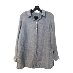 Tahari Long Linen Tunic Button-Up Blouse Top Chambray Blue Large Long Sleeve